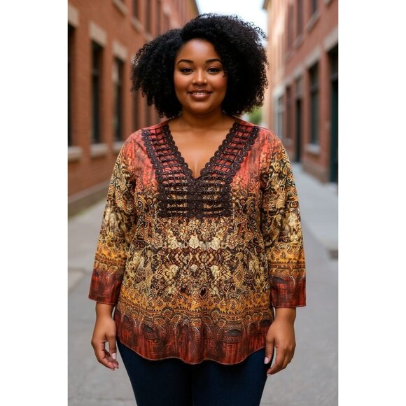 ONE WORLD Tops - One World  Womens Plus 3X Multicolor Ombre Tunic Top V Neck Crochet Trim Boho